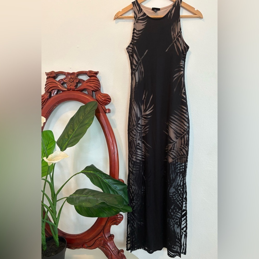 Massimo Black and Tan Leaf Print Sheer Lined Maxi Dress